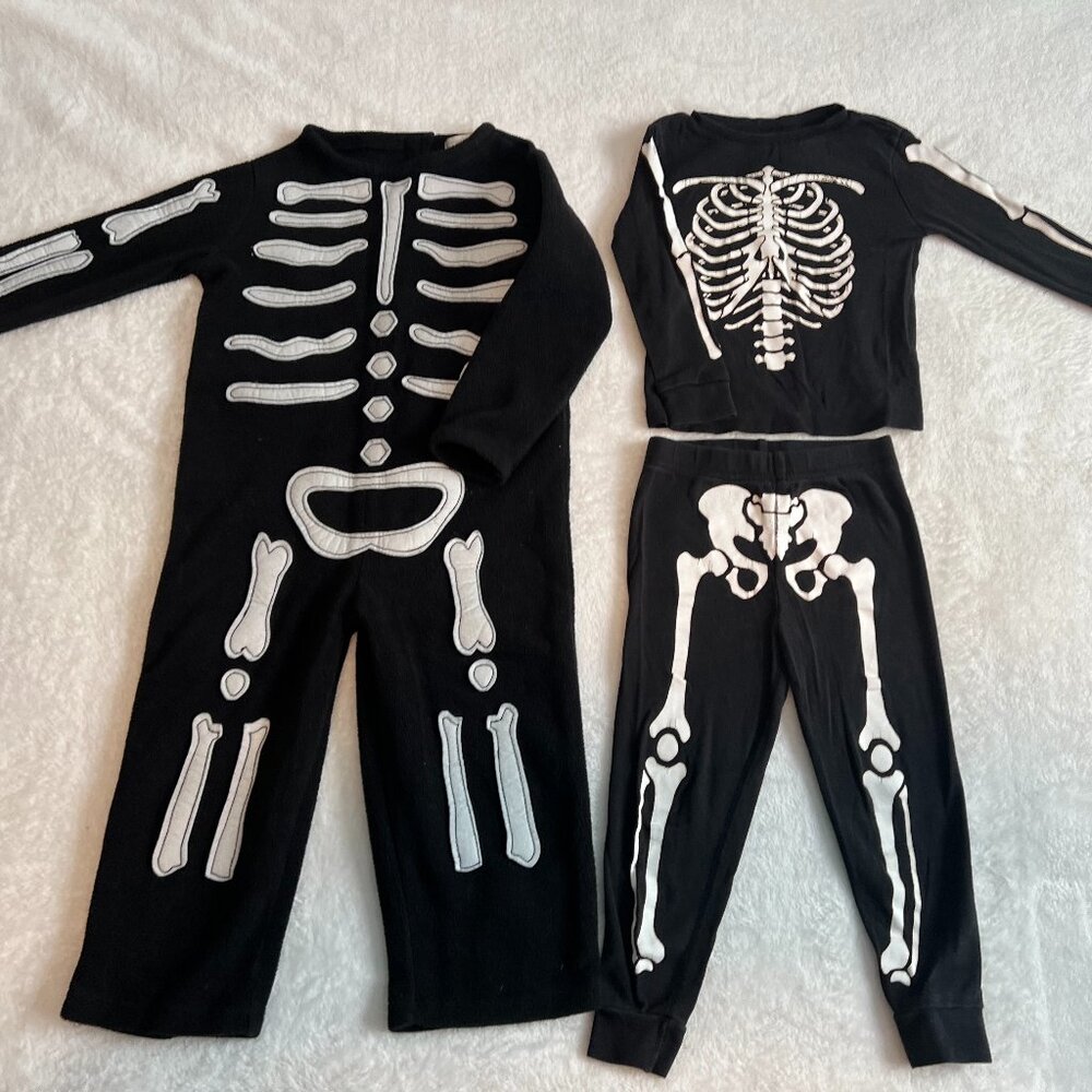 2 Kids Skeleton Costumes Size 2T-3T Pottery Barn and H&M